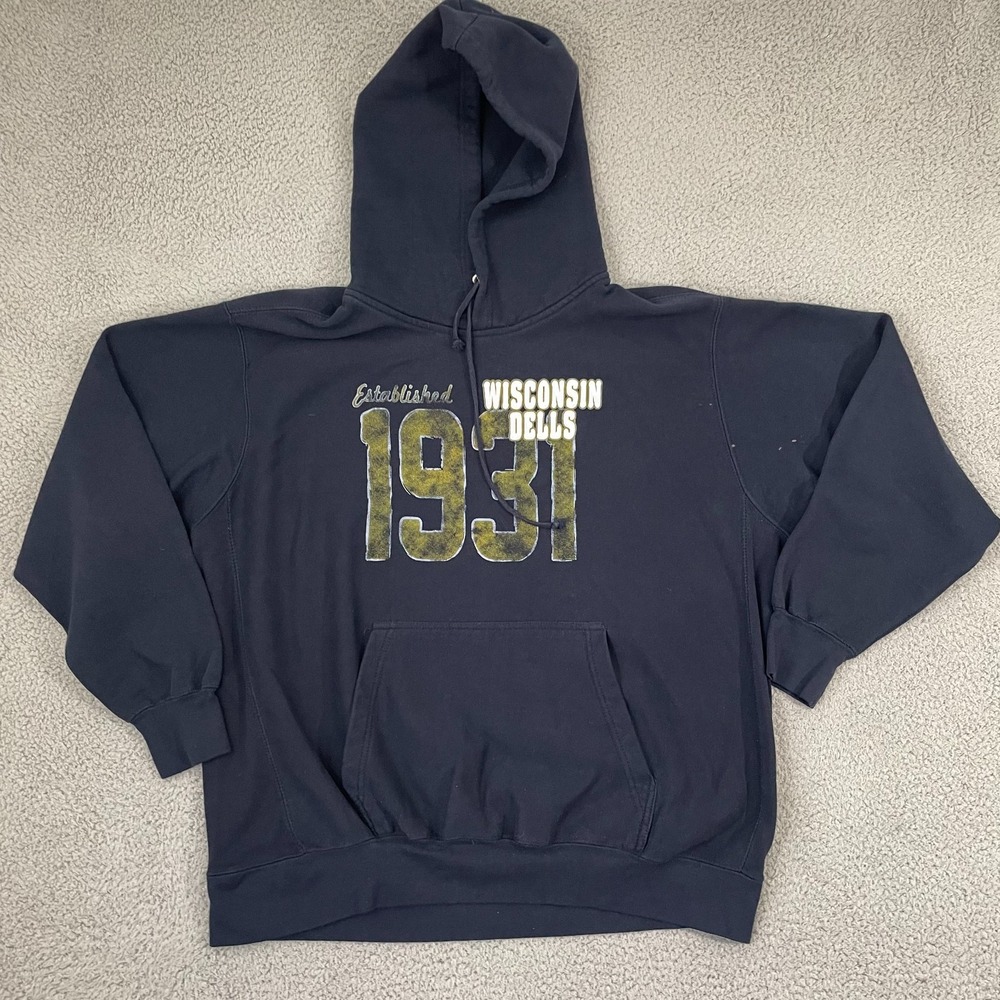 Wisconsin Dells Hoodie 2XL Navy MV Sport Pro-Weave Y2K Heavyweight Pullover